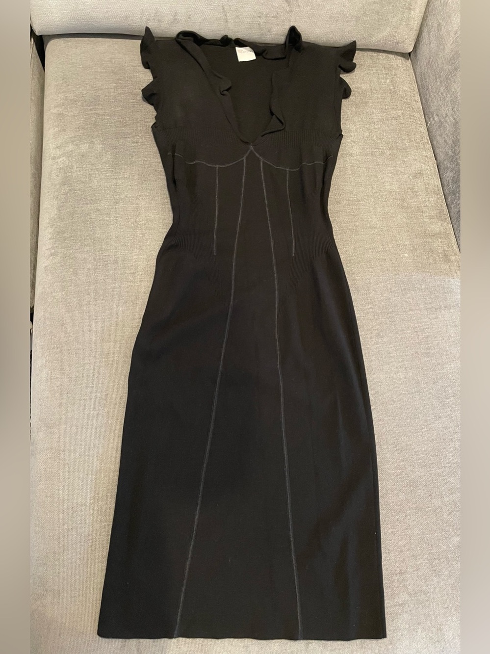 RED Valentino Black Midi Knit Dress with Ruffle Sleeves